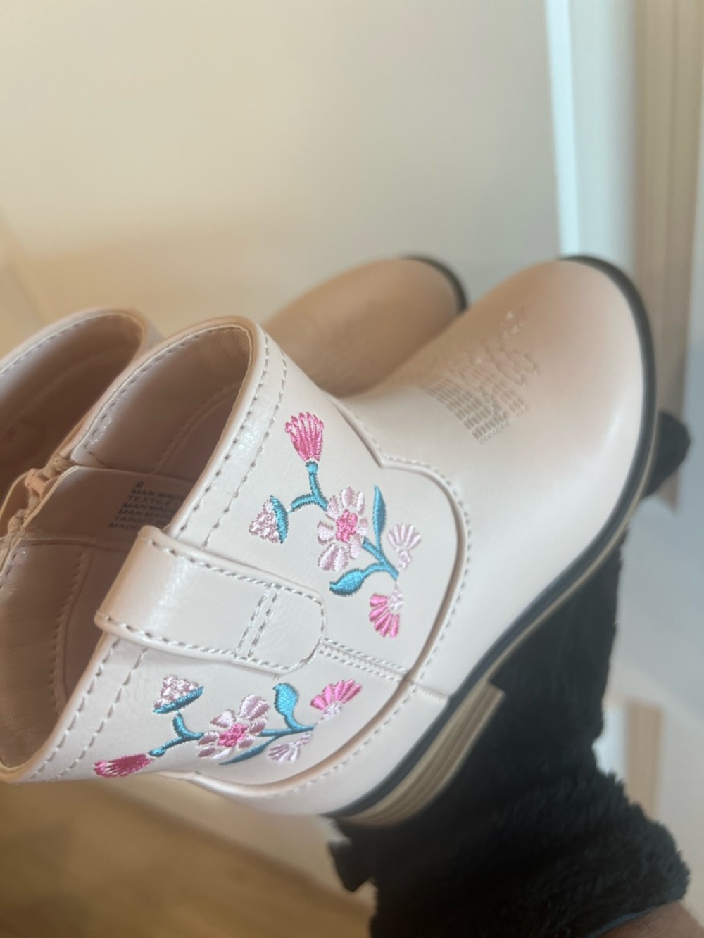 Cat & Jack Cream Ankle Boots with Pink & Blue Floral Embroidery